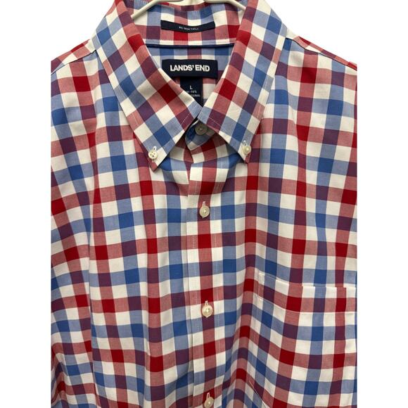 Lands’ End Shirt Men's L 16 Red Blue Plaid White Button Up 100% Cotton - Picture 1 of 5